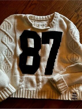 Free People We The Free Cream Cable Knit Sweater with Black '87' Graphic